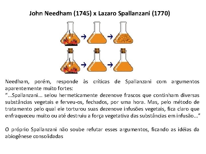 John Needham (1745) x Lazaro Spallanzani (1770) Needham, porém, responde às críticas de Spallanzani John Needham (1745) x Lazaro Spallanzani (1770) Needham, porém, responde às críticas de Spallanzani