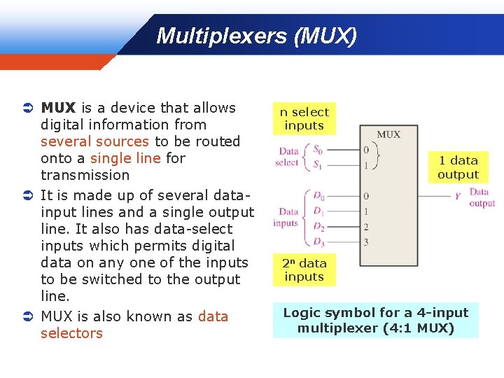 Multiplexers (MUX) Company LOGO Ü MUX is a device that allows digital information from