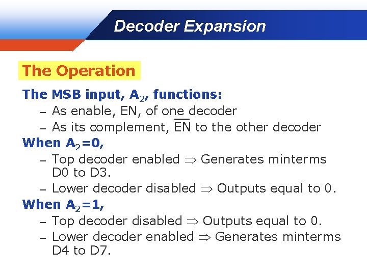 Decoder Expansion Company LOGO The Operation The MSB input, A 2, functions: – As