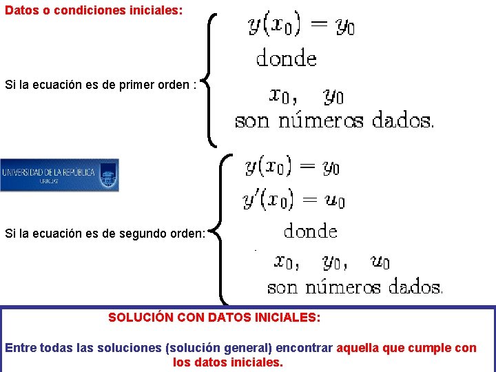 Datos o condiciones iniciales: Si la ecuación es de primer orden : Si la
