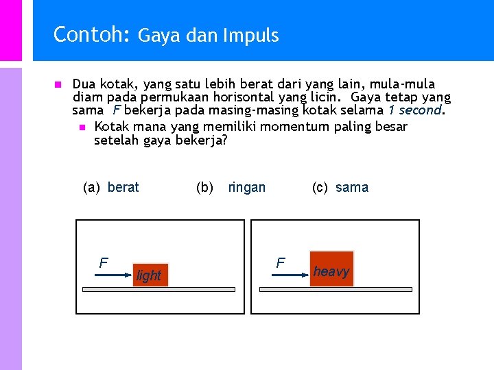 Contoh: Gaya dan Impuls n Dua kotak, yang satu lebih berat dari yang lain,