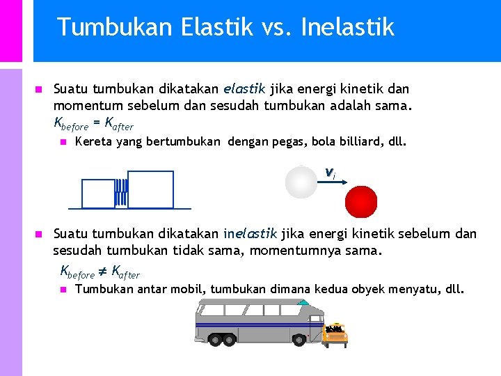 Tumbukan Elastik vs. Inelastik n Suatu tumbukan dikatakan elastik jika energi kinetik dan momentum