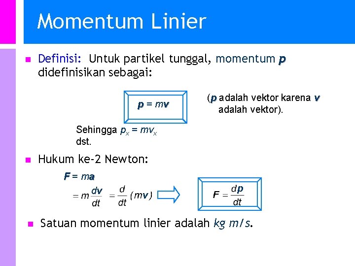 Momentum Linier n Definisi: Untuk partikel tunggal, momentum p didefinisikan sebagai: p = mv