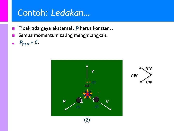 Contoh: Ledakan… n n n Tidak ada gaya eksternal, P harus konstan. . Semua