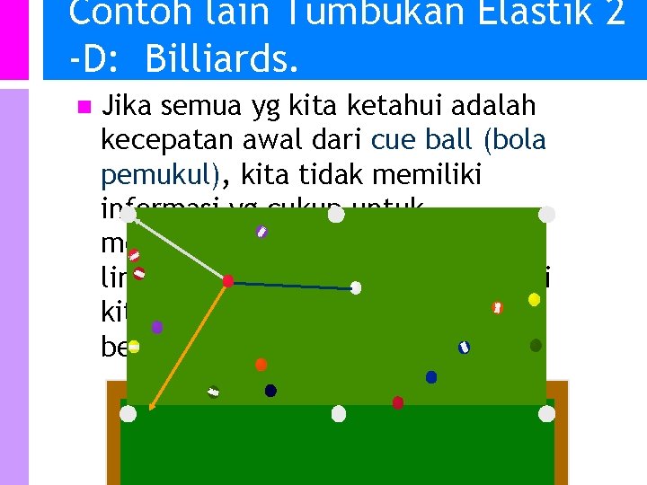 Contoh lain Tumbukan Elastik 2 -D: Billiards. n Jika semua yg kita ketahui adalah