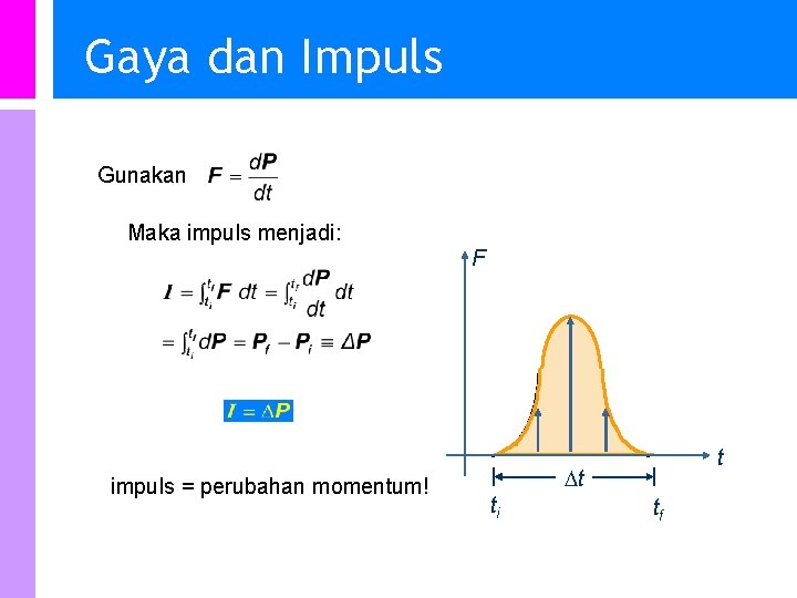 Gaya dan Impuls l Gunakan Maka impuls menjadi: F impuls = perubahan momentum! t