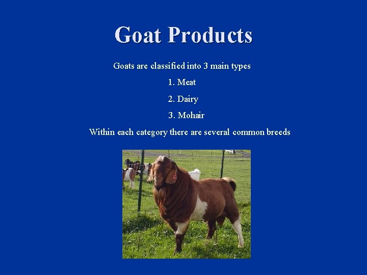 Goat Products Goats are classified into 3 main types 1. Meat 2. Dairy 3.