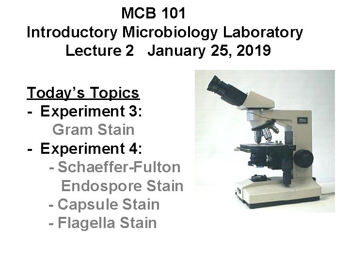  MCB 101 Introductory Microbiology Laboratory Lecture 2 January 25, 2019 Today’s Topics -