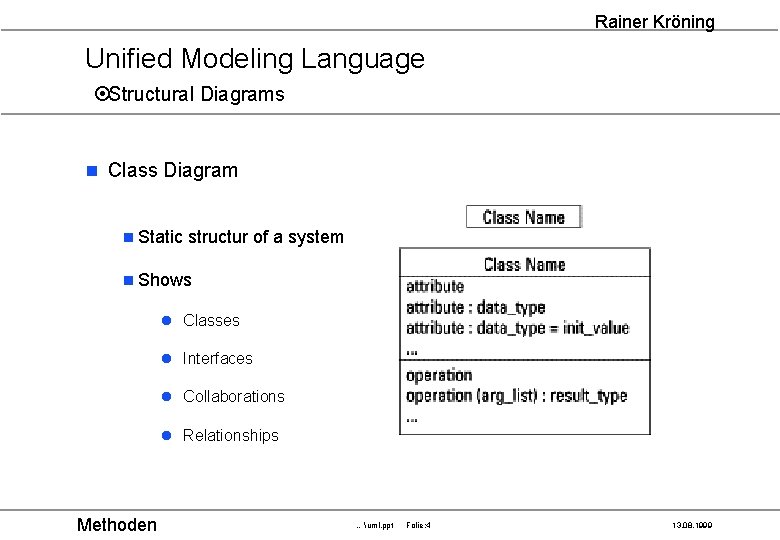 Rainer Kröning Unified Modeling Language ¤Structural Diagrams n Class Diagram n Static structur of