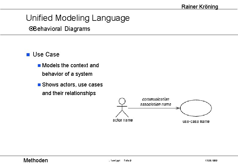 Rainer Kröning Unified Modeling Language ¤Behavioral Diagrams n Use Case n Models the context