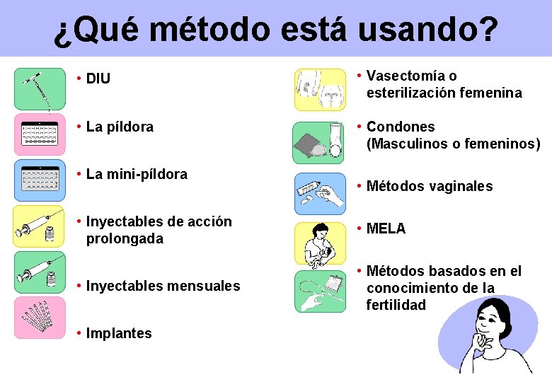 ¿Qué método está usando? • DIU • Vasectomía o esterilización femenina • La píldora