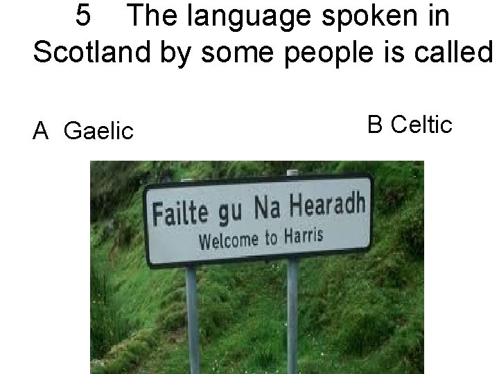5 The language spoken in Scotland by some people is called A Gaelic B