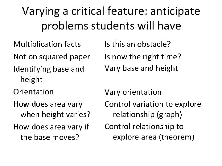 Varying a critical feature: anticipate problems students will have Multiplication facts Not on squared