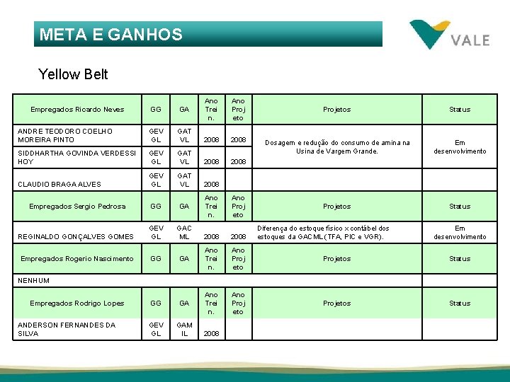 META E GANHOS Yellow Belt Ano Trei n. Ano Proj eto GAT VL 2008