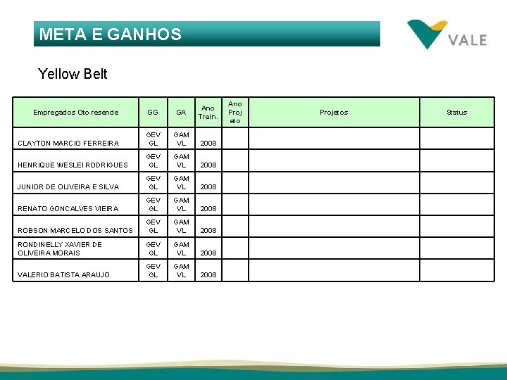 META E GANHOS Yellow Belt Ano Trein. Ano Proj eto GAM VL 2008 GEV