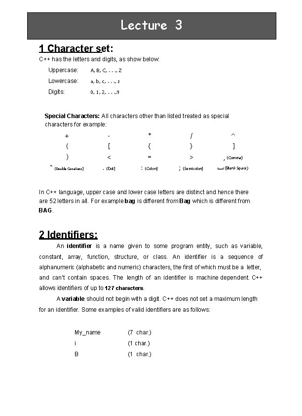 Lecture 3 1 Character set: C++ has the letters and digits, as show below: