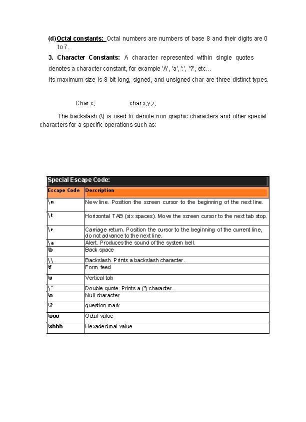 (d) Octal constants: Octal numbers are numbers of base 8 and their digits are