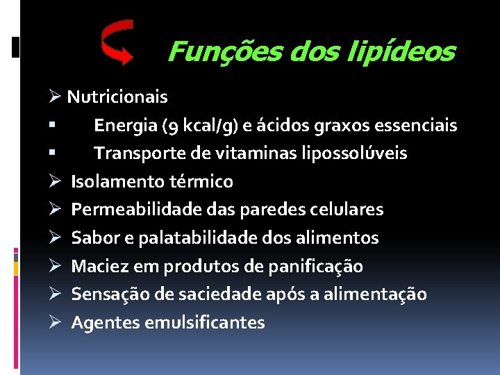 Funções dos lipídeos Ø Nutricionais Energia (9 kcal/g) e ácidos graxos essenciais Transporte de