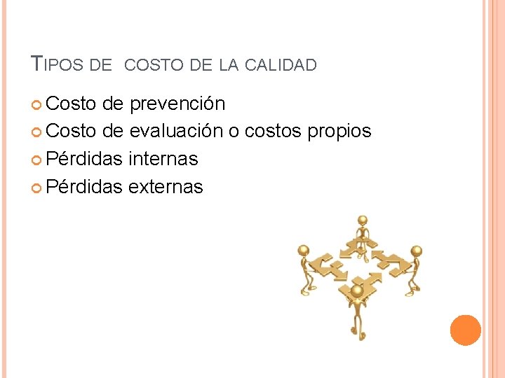 TIPOS DE COSTO DE LA CALIDAD Costo de prevención Costo de evaluación o costos