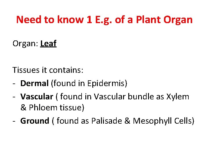 Need to know 1 E. g. of a Plant Organ: Leaf Tissues it contains: