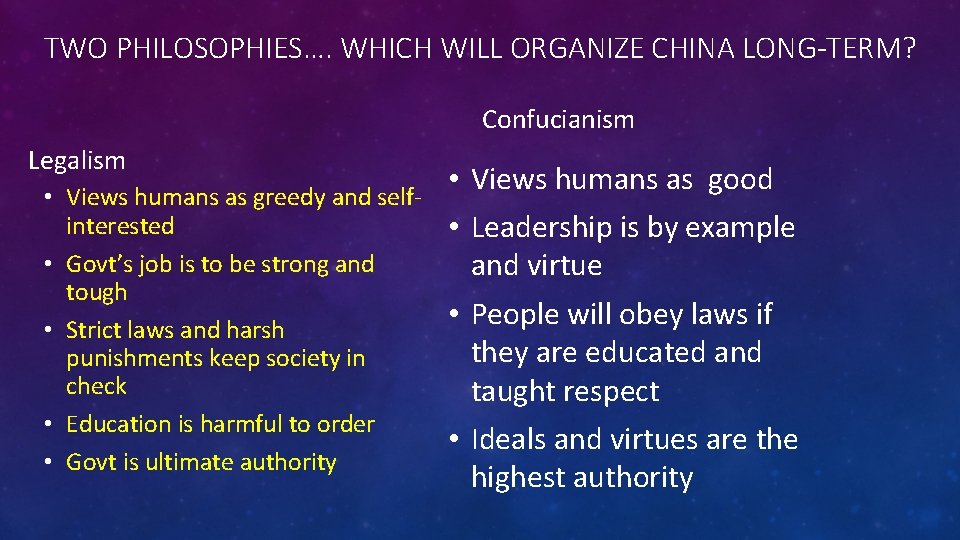 TWO PHILOSOPHIES…. WHICH WILL ORGANIZE CHINA LONG-TERM? Confucianism Legalism • Views humans as greedy