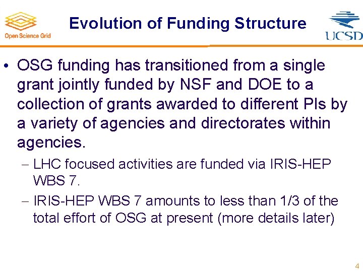 Evolution of Funding Structure • OSG funding has transitioned from a single grant jointly