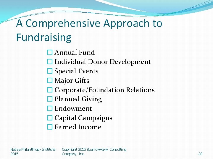 A Comprehensive Approach to Fundraising � Annual Fund � Individual Donor Development � Special
