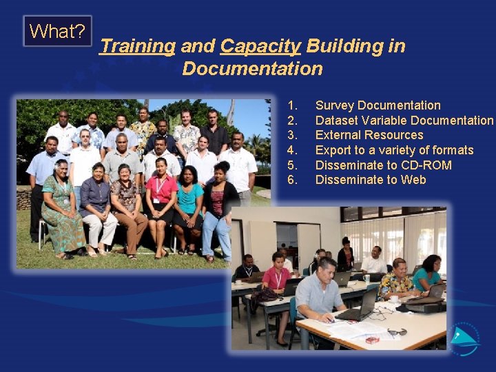 What? Training and Capacity Building in Documentation 1. 2. 3. 4. 5. 6. Survey