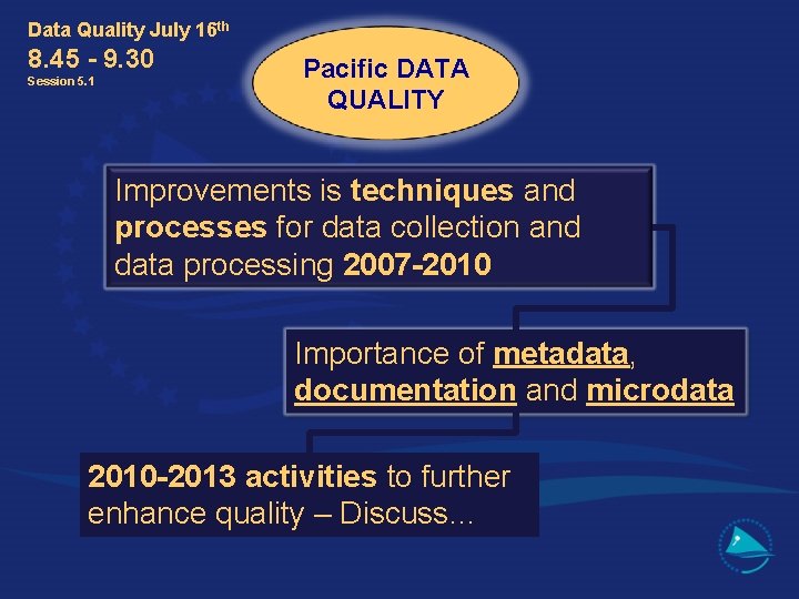 Data Quality July 16 th 8. 45 - 9. 30 Session 5. 1 Pacific