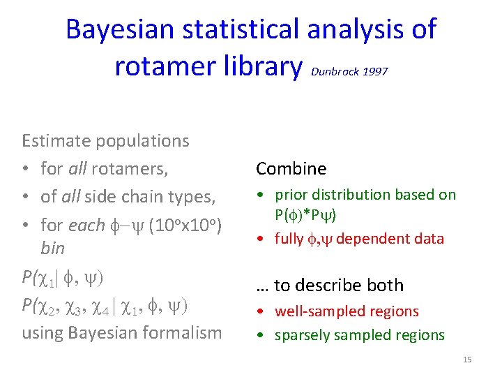 Bayesian statistical analysis of rotamer library Dunbrack 1997 Estimate populations • for all rotamers,
