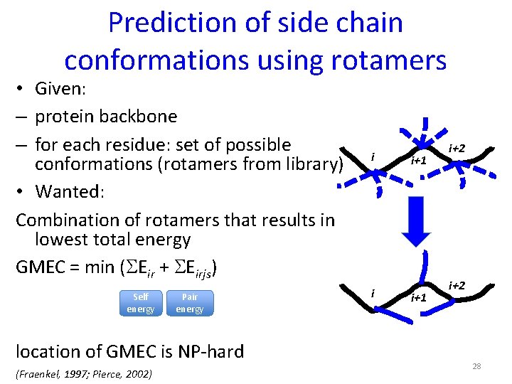 Prediction of side chain conformations using rotamers • Given: – protein backbone – for