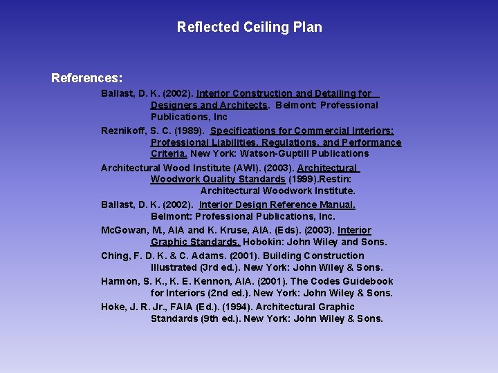 Reflected Ceiling Plan References: Ballast, D. K. (2002). Interior Construction and Detailing for Designers
