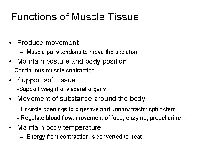 Functions of Muscle Tissue • Produce movement – Muscle pulls tendons to move the