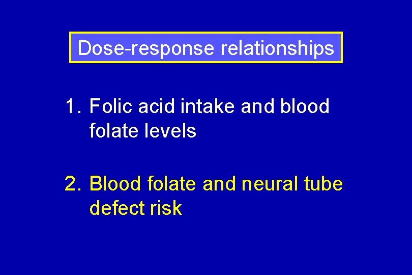 Dose-response relationships 1. Folic acid intake and blood folate levels 2. Blood folate and