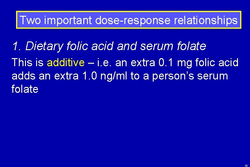 Two important dose-response relationships 1. Dietary folic acid and serum folate This is additive