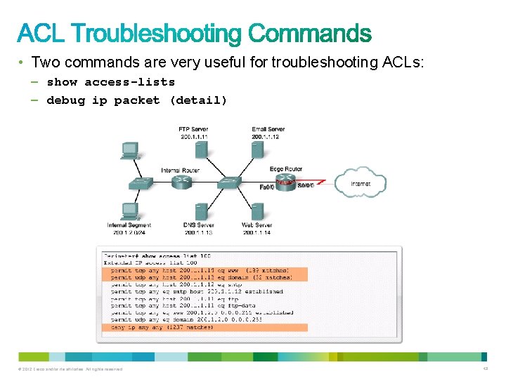  • Two commands are very useful for troubleshooting ACLs: – show access-lists –