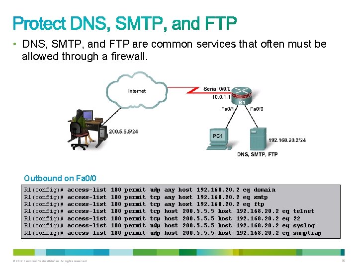  • DNS, SMTP, and FTP are common services that often must be allowed