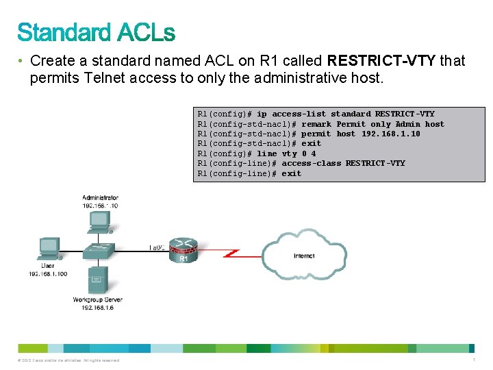  • Create a standard named ACL on R 1 called RESTRICT-VTY that permits