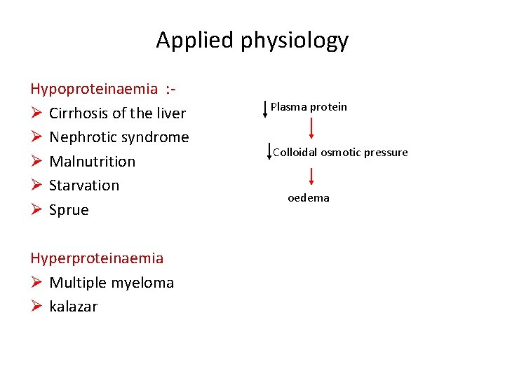 Applied physiology Hypoproteinaemia : Ø Cirrhosis of the liver Ø Nephrotic syndrome Ø Malnutrition