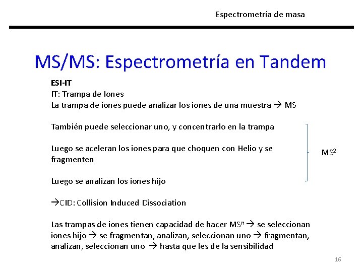 Espectrometría de masa MS/MS: Espectrometría en Tandem ESI-IT IT: Trampa de Iones La trampa