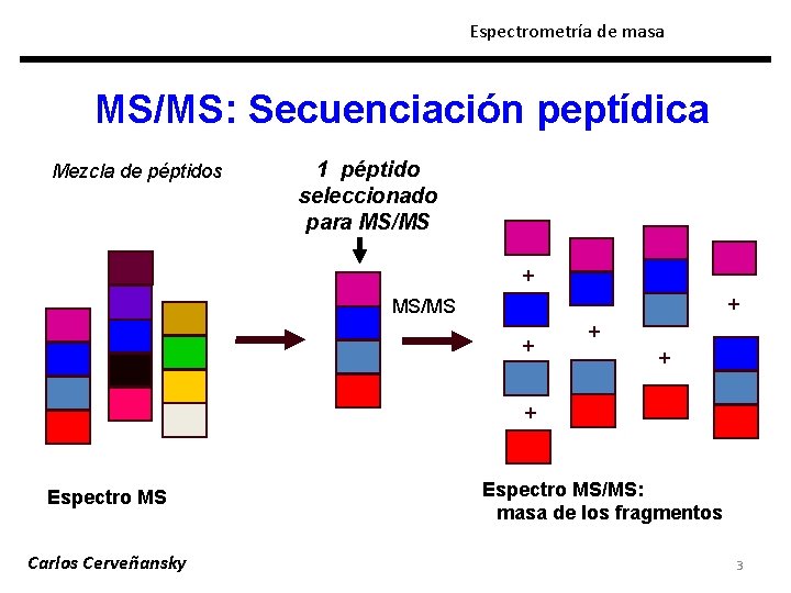 Espectrometría de masa MS/MS: Secuenciación peptídica Mezcla de péptidos 1 péptido seleccionado para MS/MS