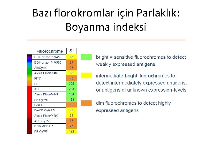 Bazı florokromlar için Parlaklık: Boyanma indeksi 