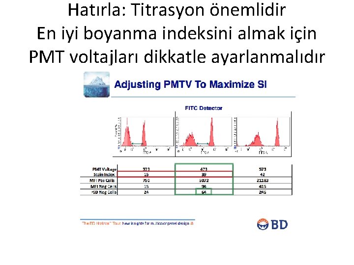 Hatırla: Titrasyon önemlidir En iyi boyanma indeksini almak için PMT voltajları dikkatle ayarlanmalıdır 