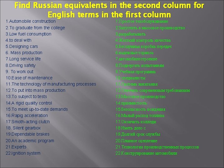 Find Russian equivalents in the second column for English terms in the first column