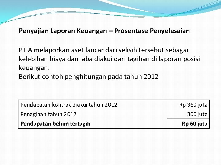 Penyajian Laporan Keuangan – Prosentase Penyelesaian PT A melaporkan aset lancar dari selisih tersebut