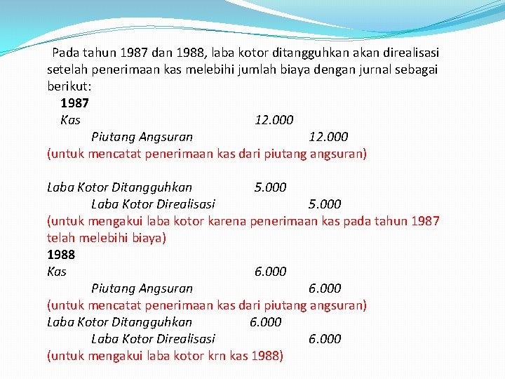 Pada tahun 1987 dan 1988, laba kotor ditangguhkan akan direalisasi setelah penerimaan kas melebihi