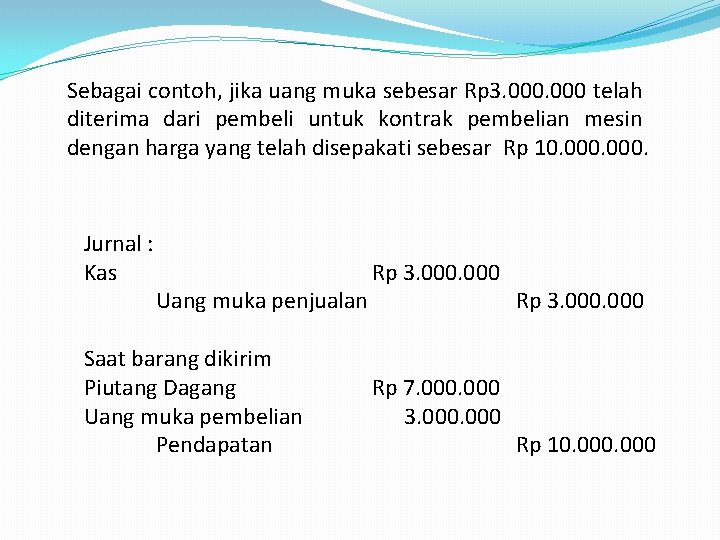 Sebagai contoh, jika uang muka sebesar Rp 3. 000 telah diterima dari pembeli untuk