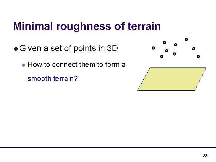 Minimal roughness of terrain l Given l a set of points in 3 D Minimal roughness of terrain l Given l a set of points in 3 D