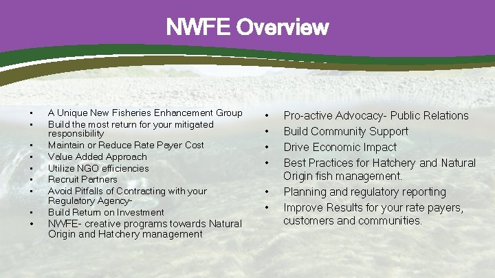 NWFE Overview • • • A Unique New Fisheries Enhancement Group Build the most