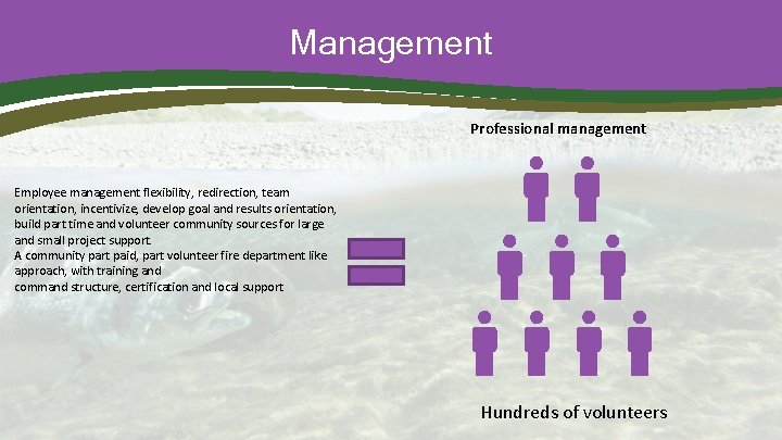 Management Professional management Employee management flexibility, redirection, team orientation, incentivize, develop goal and results